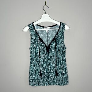 White House Black Market Green Black and White Printed Sleeveless Blouse
